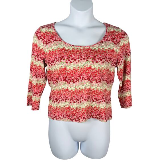 Harolds Top Womens Large Pink Floral Print Scoop Neck Tee Cropped 3/4 Sleeve - Picture 1 of 14